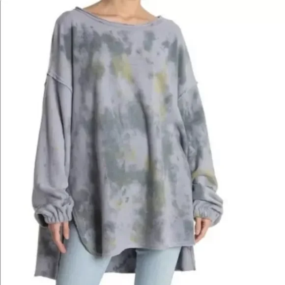 Free People Sweatshirt Someday Pullover Tie Dye Blue Gray Fleece Oversize - Picture 2 of 5